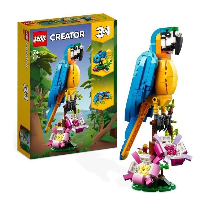 LEGO Creator 3-en-1 31136 Le Perroquet Exotique, Figurines Animaux de la Jung...