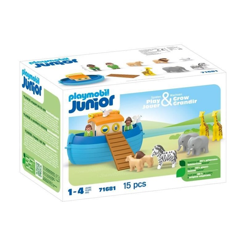 PLAYMOBIL Junior 71681 Arche de Noé transportable, 15 pieces, Comprend un bat...