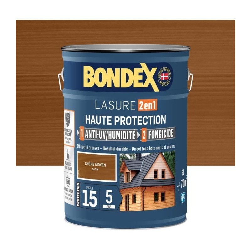 Lasure 2 en 1 Haute protection - Chene moyen satin - BONDEX - 5 L
