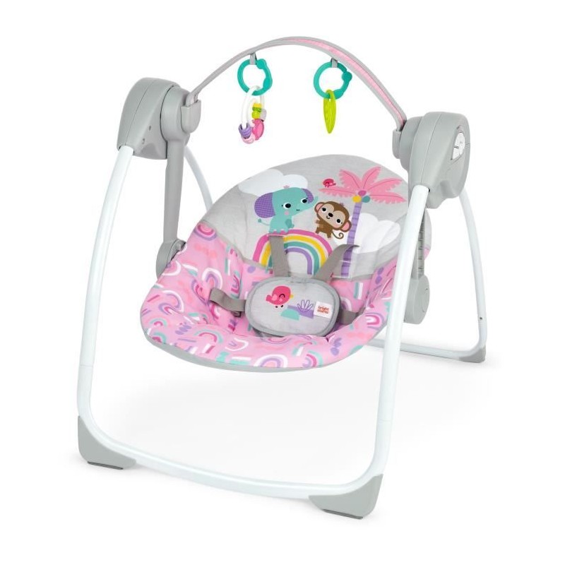 BRIGHT STARTS Balancelle bébé électrique compacte – Animaux, rose, 6 vitesses...