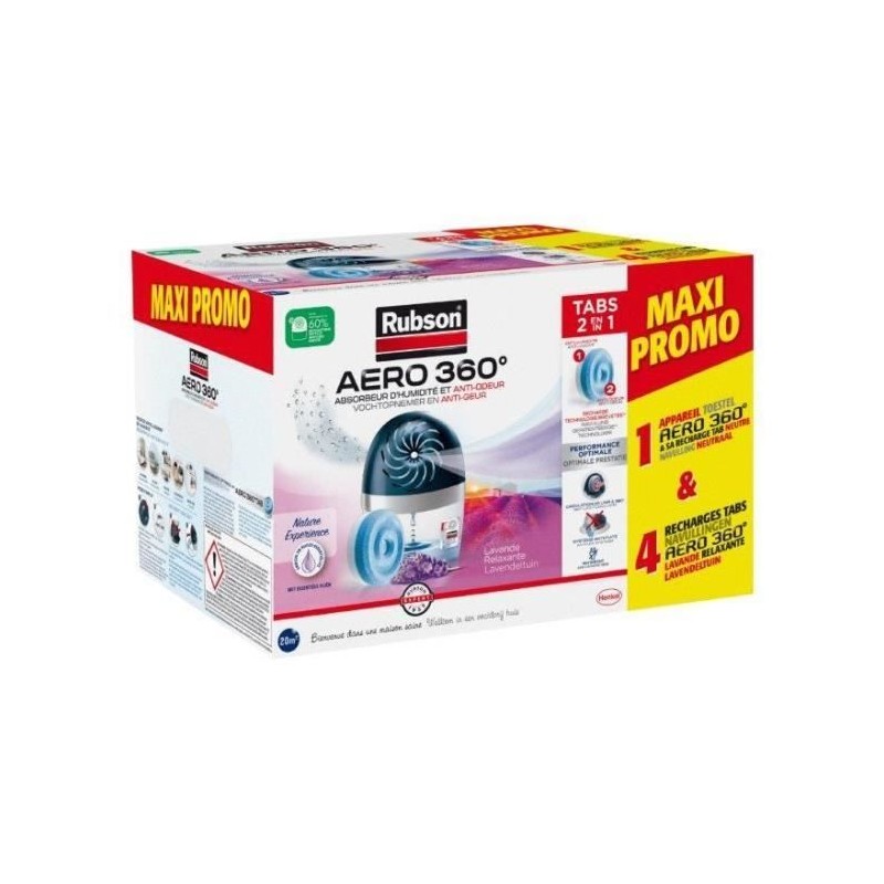 Absorbeur d'humidité - RUBSON - MAXI PROMO - 4 recharges Lavande + 1 appareil...