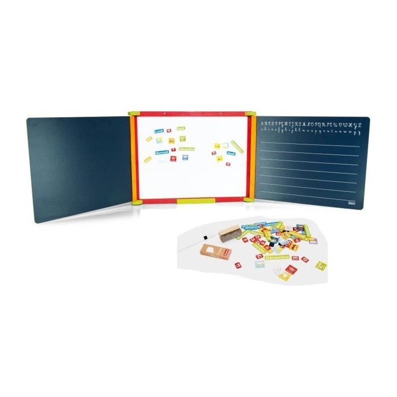 Jeujura Tableau en bois Triptyque 3 faces (1 magnétique et 2 a craie)