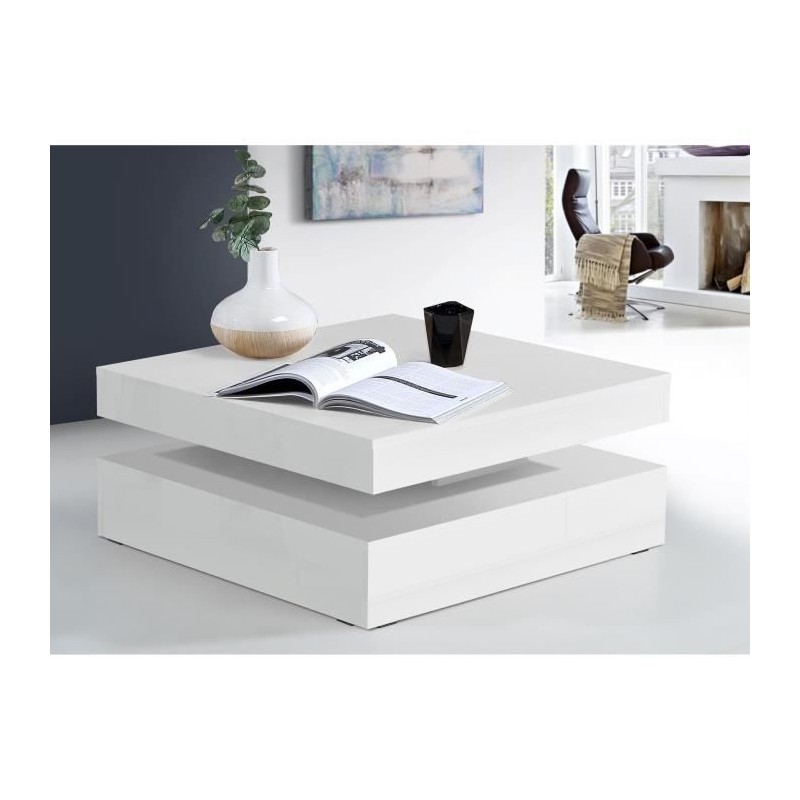 Table basse plateau rotatif - Carré  Blanc brillant - 78 x 78 x 36 cm - COFFEE