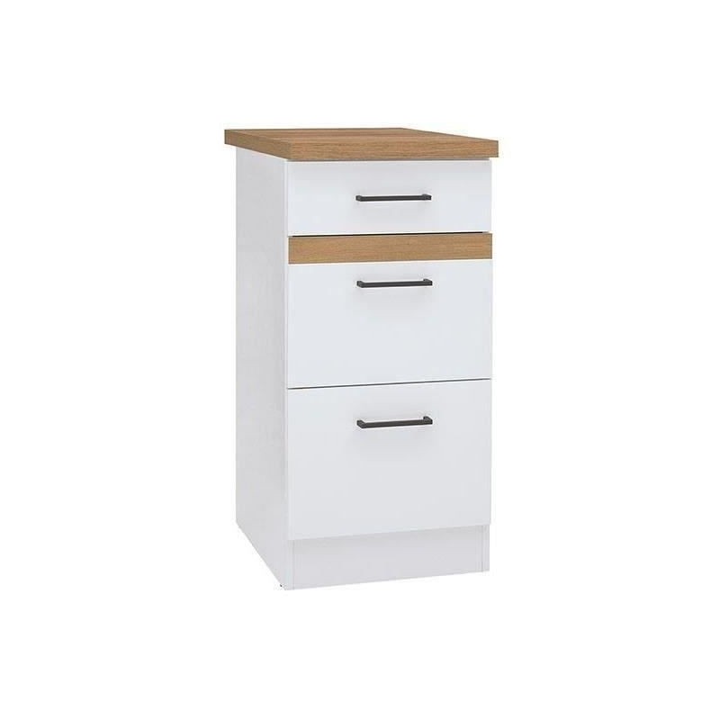 JUNONA Meuble bas de cuisine 40 cm - 3 tiroirs + plan de travail - Blanc bril...