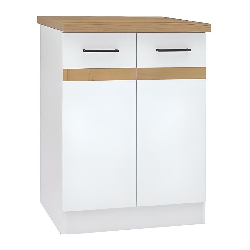 JUNONA Meuble bas de cuisine 60 cm - 2 Portes - Plan de travail - Blanc brillant
