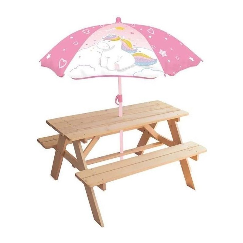 Table pique-nique Licorne en pin avec parasol - FUN HOUSE - H.53 x l.95 x P.7...