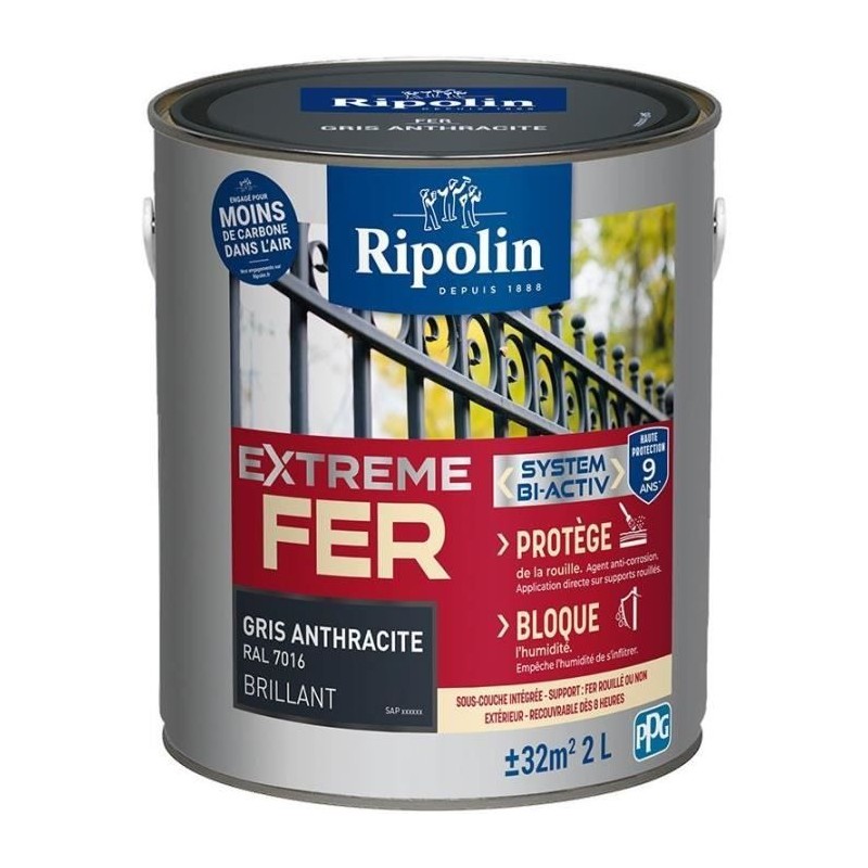 Peinture fer - RIPOLIN - 396704 - Gris anthracite - Brillant - 2 L