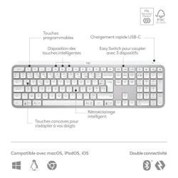 Clavier - Sans fil - Logitech - MX Keys S - AZERTY -Gris pâle