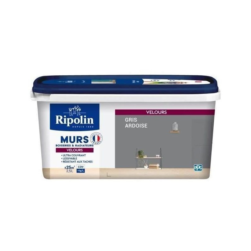 RIPOLIN Peinture Couleur Velours pour Murs, Boiseries Radiateurs - Gris ardoise