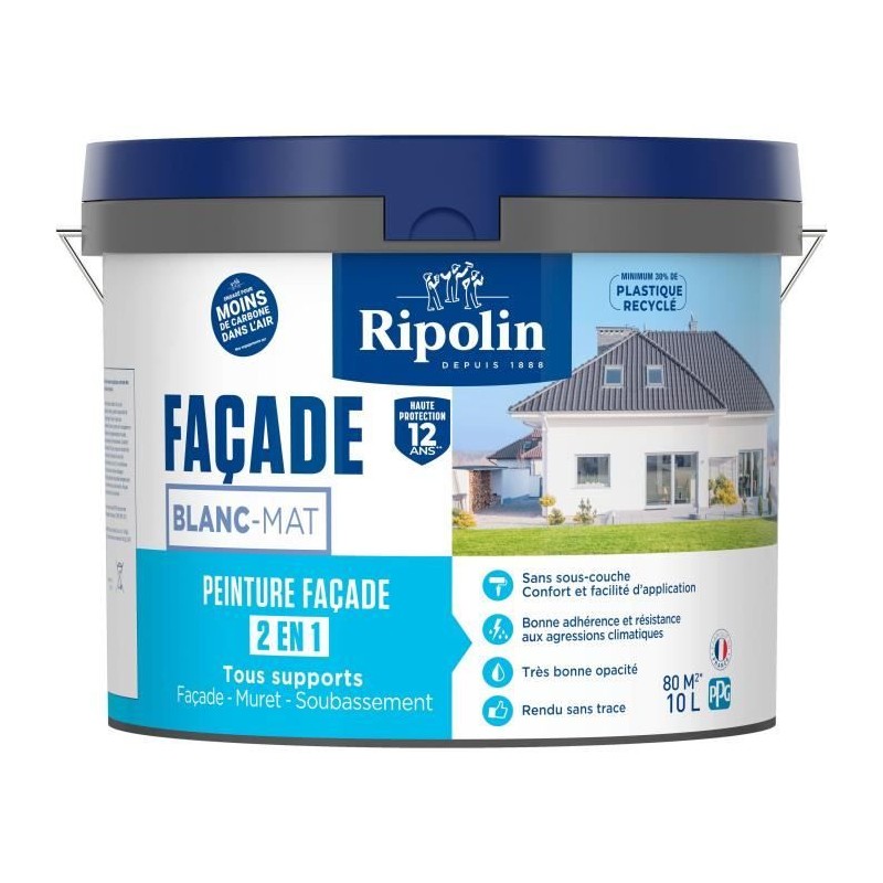 Peinture façade classic 2 en 1 - RIPOLIN - 474646 - Blanc - Mat - 10 L