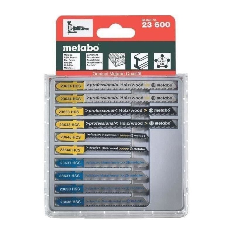 Lames pour scies sauteuses METABO - Lot de 10 - Bois, métal, plastique - HCS/HSS