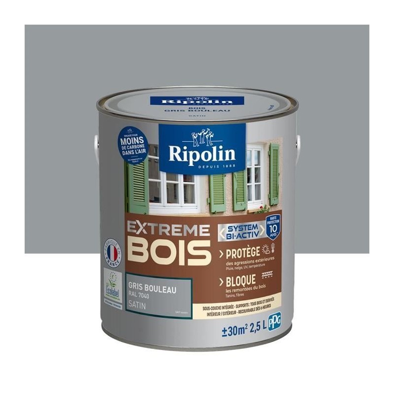Peinture pour Bois Intérieur & Extérieur - Satin - 2,5L - Gris Bouleau Ral 70...
