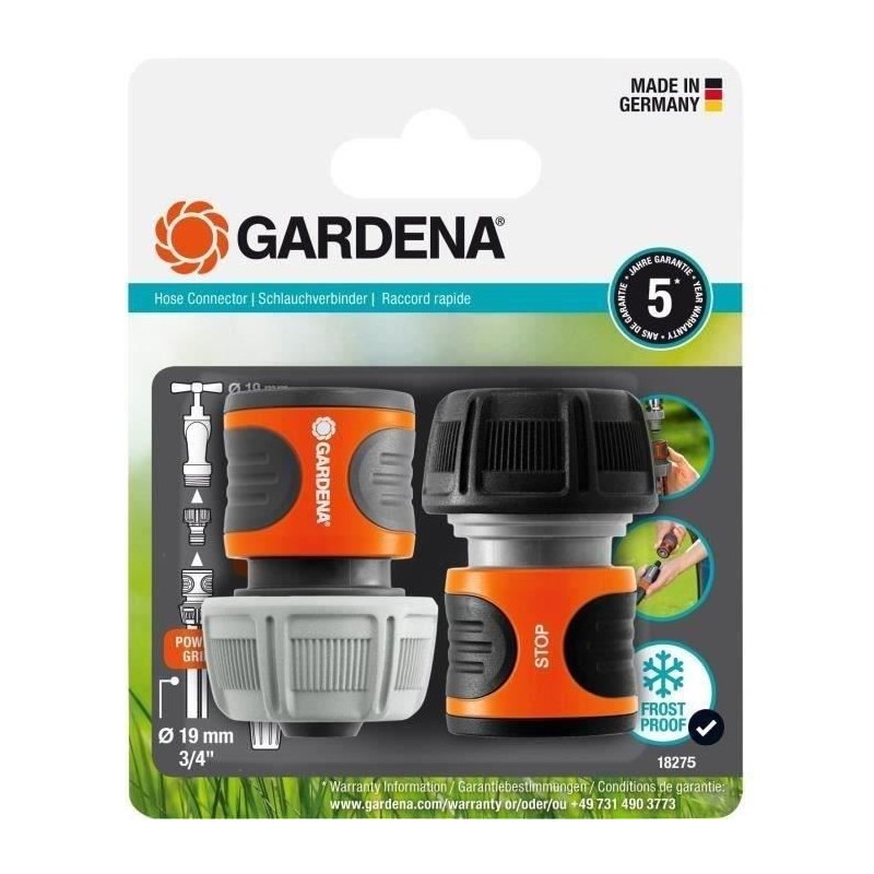 GARDENA raccords rapide et Aquastop Ø19 mm–Pour début et fin de tuyau– Avec l...