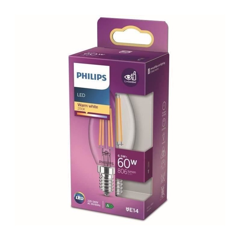 Ampoule LED Philips Equivalent 60W E14 Blanc chaud Non dimmable - Verre