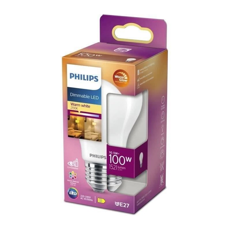 PHILIPS Ampoule LED Standard E27 - 100W Blanc Chaud Dépolie Verre Compatible ...