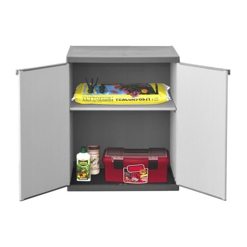 Armoire de rangement basse en résine TOOD - 1 tablette - 2 portes - Gris