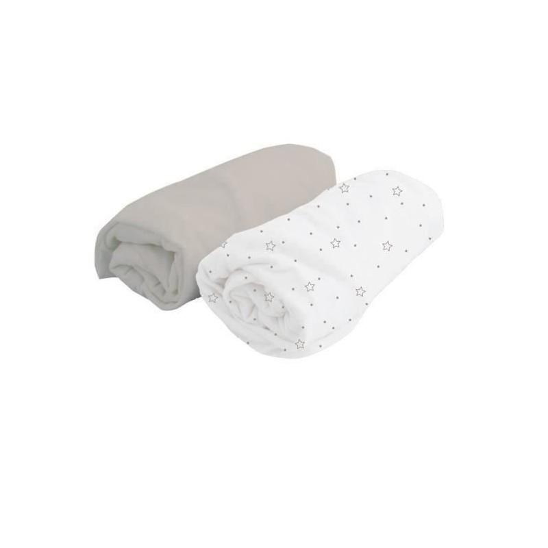 DOMIVA Lot de 2 Draps Housse PERLE GRIS / blanc imprimé étoiles 70x140 cm
