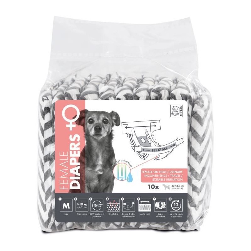 Couches pour chien - M PETS - DIAPERS - Femelle M x10 - Tour de taille 30-42,...