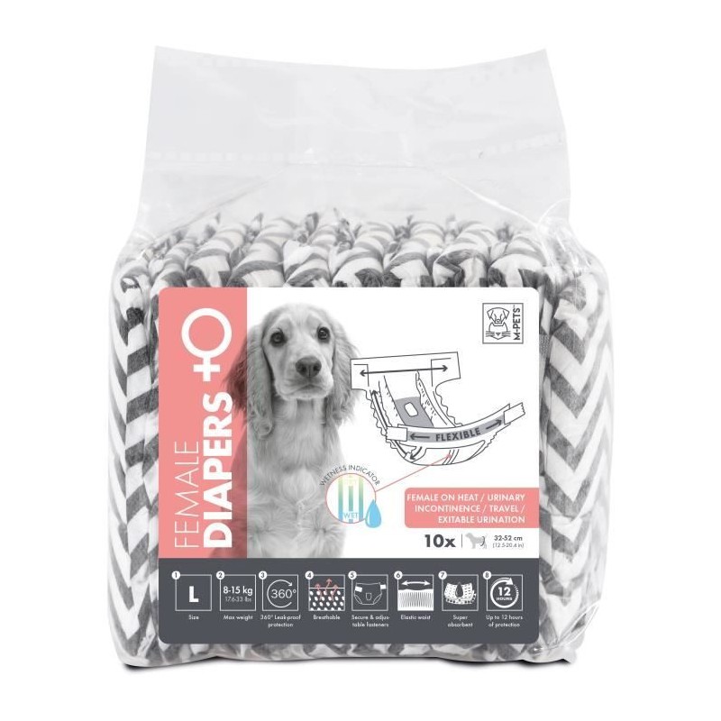 Couches pour chien - M PETS - DIAPERS Femelle L x10 - Tour de taille 32-52 cm...
