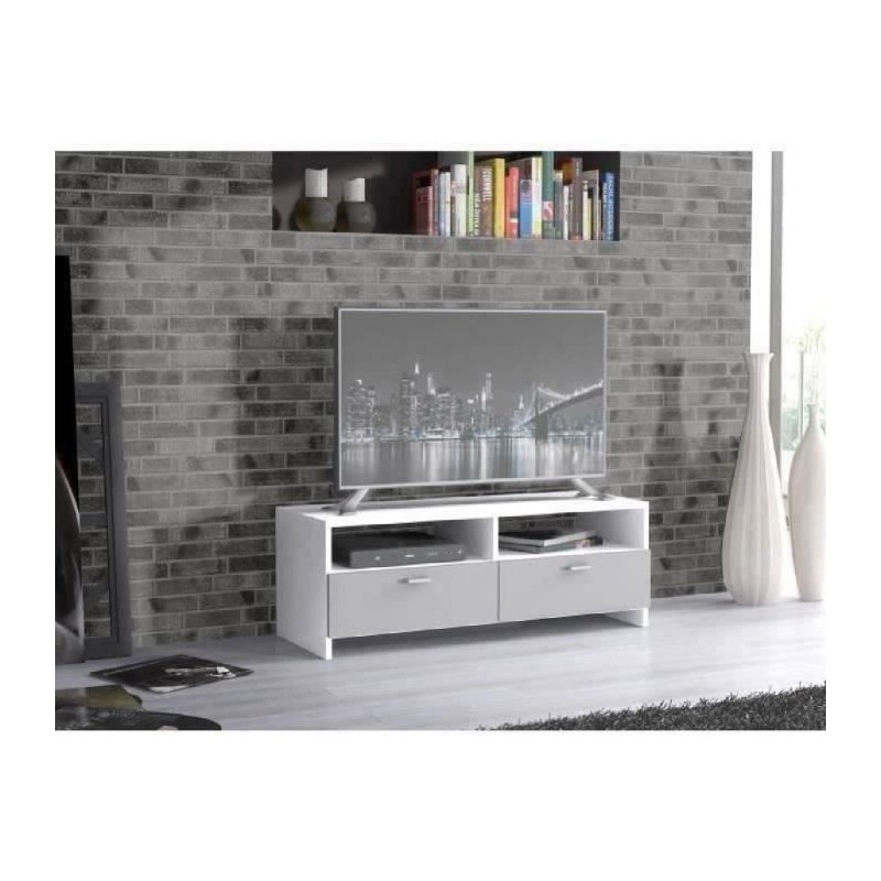 Meuble TV PILVI - Blanc et gris mat - Contemporain - L 95 x P 36 x H 34,5 cm