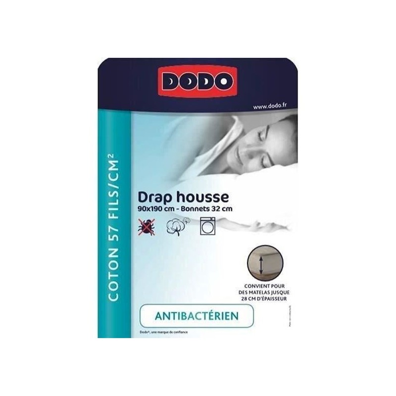DRAP HOUSSE DODO - ANTIBACTERIENS - TAUPE - 90X190 cm - Bonnet 32 cm