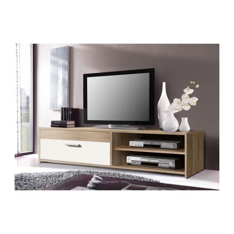 Meuble TV PILVI - Style contemporain - Particules mélaminé - Décor Chene et b...