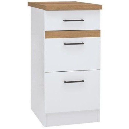 JUNONA Meuble bas de cuisine 40 cm - 3 tiroirs + plan de travail - Blanc bril...