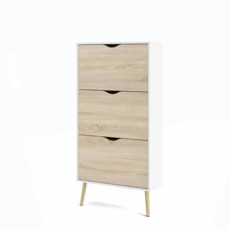 Meuble a chaussures - Blanc / Chene -  12 paires - Pietement évasé en bois ma...