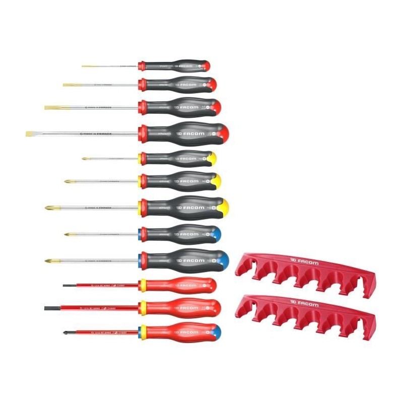 Jeu de 12 tournevis PROTWIST - FACOM - AT.J12R1PB + 2 racks de rangement -