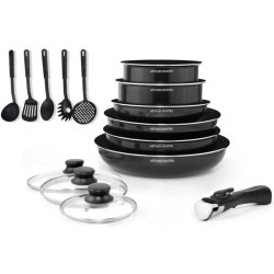 ARTHUR MARTIN Batterie de cuisine amovible 15 pieces 16-20-22-24-26 cm noir -...