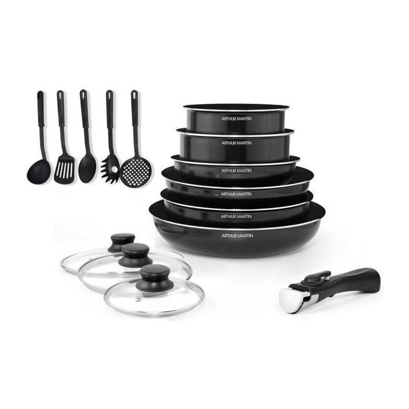 ARTHUR MARTIN Batterie de cuisine amovible 15 pieces 16-20-22-24-26 cm noir -...