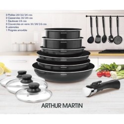 ARTHUR MARTIN Batterie de cuisine amovible 15 pieces 16-20-22-24-26 cm noir -...