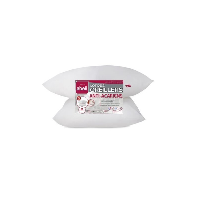 ABEIL Lot de 2 Oreillers Anti-Acarien - 60 x 60 cm - Blanc