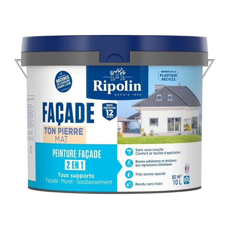 Peinture façade classic 2 en 1 - RIPOLIN - 474647 - Ton pierre - Mat - 10 L