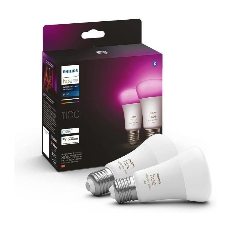 Ampoules connectées Philips Hue pack de 2 ampoules White & Color Ambiance sta...