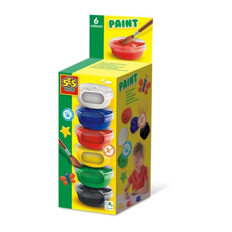 Gouache (6x45ml) - SES CREATIVE - Six couleurs : rouge, bleu, blanc, noir, ve...