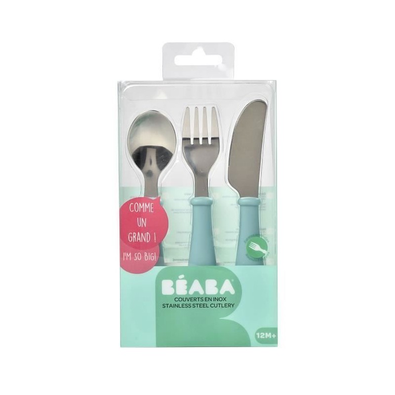 BEABA, Set de 3 couverts inox airy green