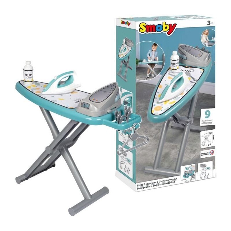 Smoby - Planche a repasser avec station vapeur + 9 accessoires - Jeux d'imita...