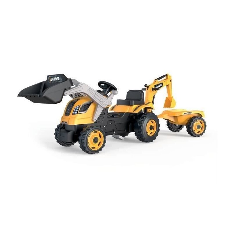Tracteur a pédales Builder Max + Remorque + Pelleteuse + Pelle - Smoby - Jaune
