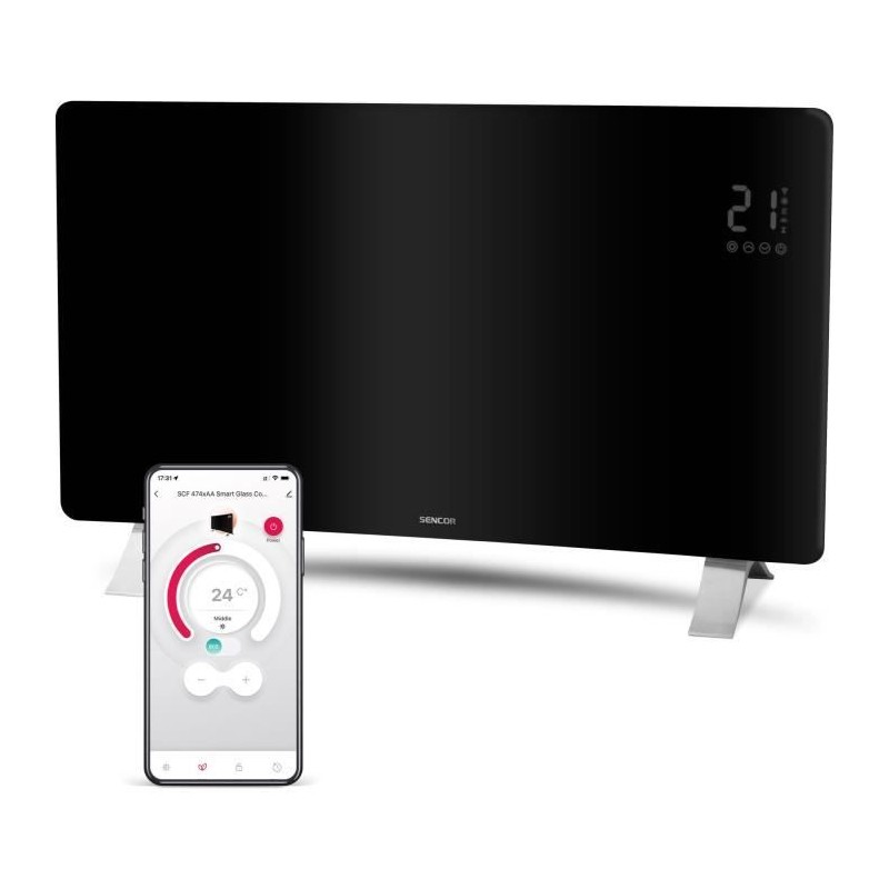 Radiateur intelligent Wi-Fi en verre - SENCOR - SCF 4741BK - 2400 W - 2 nivea...