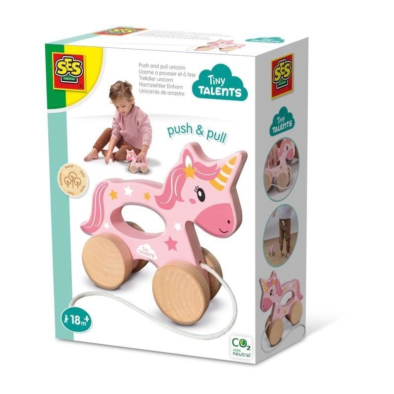 Licorne en bois 2 en 1 - A pousser et a tirer - SES CREATIVE - Licorne rose a...
