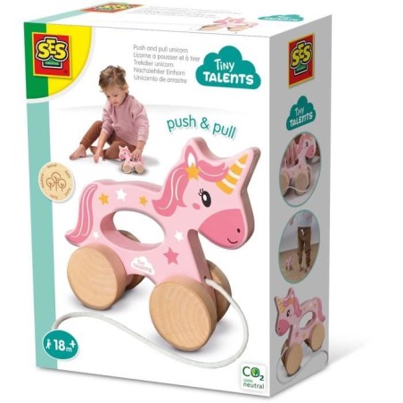 Licorne en bois 2 en 1 - A pousser et a tirer - SES CREATIVE - Licorne rose a...