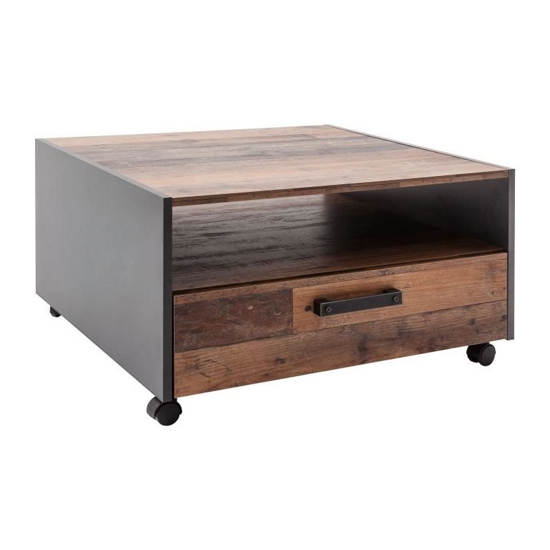 Table basse carré a roulette - Panneaux de particules - Décor bois vieilli et...