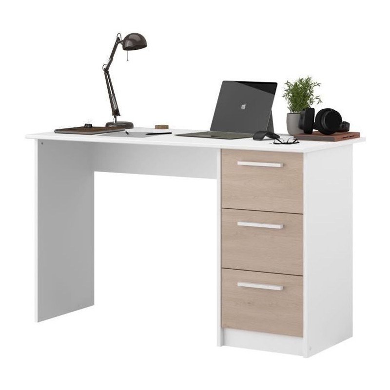 Bureau droit ESSENTIEL - 3 tiroirs - Décor chene et blanc - L 121,2 x P 55 x ...