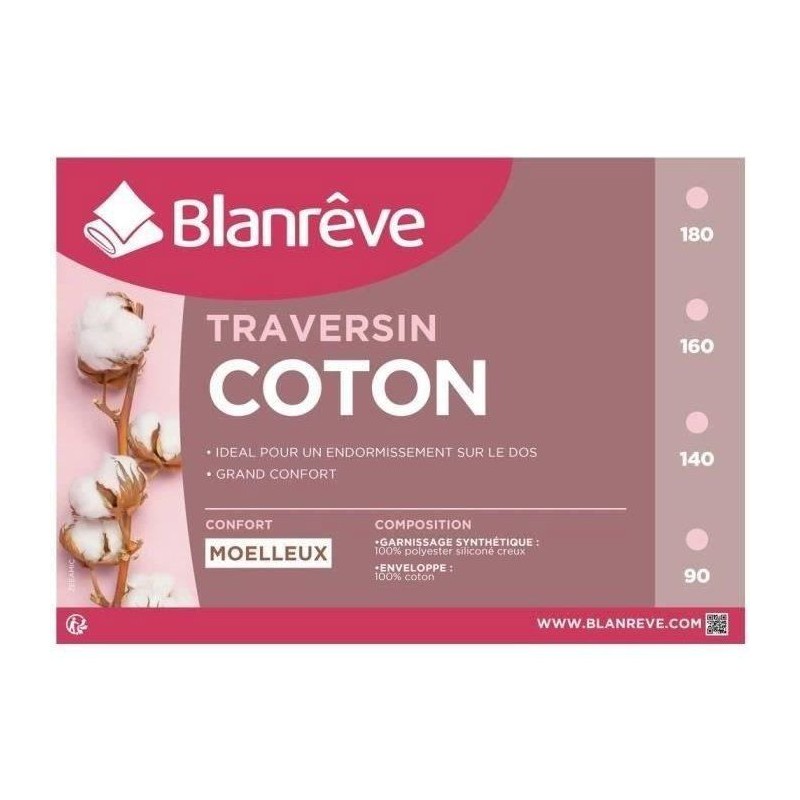 BLANREVE Traversin en coton - 180 cm - Blanc