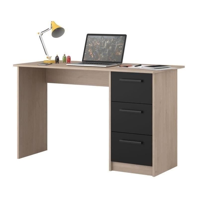 PARISOT Bureau droit 3 tiroirs - Décor chene/noir - L 121,4 x P 55 x H 74.5 c...