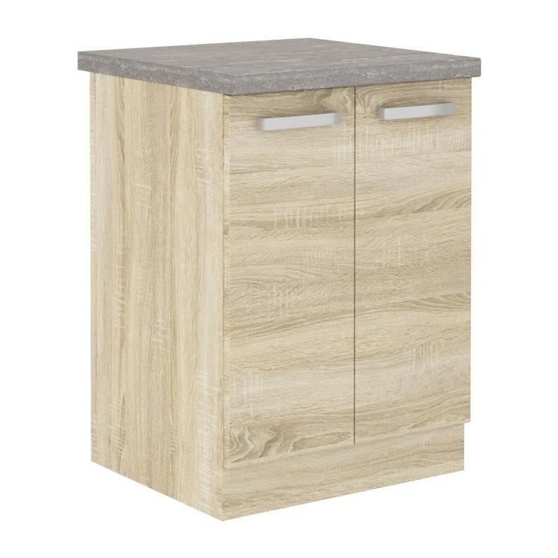 Meuble bas 2 portes battantes - Décor chene sonoma - L 60 x P 51,6 x H 85 cm ...