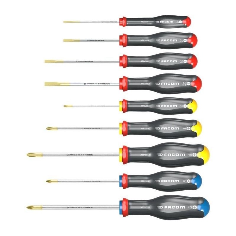 Coffret de 9 Tournevis Protwist FACOM - AT.9PB - Fente/Phillips/Prozidriv - S...