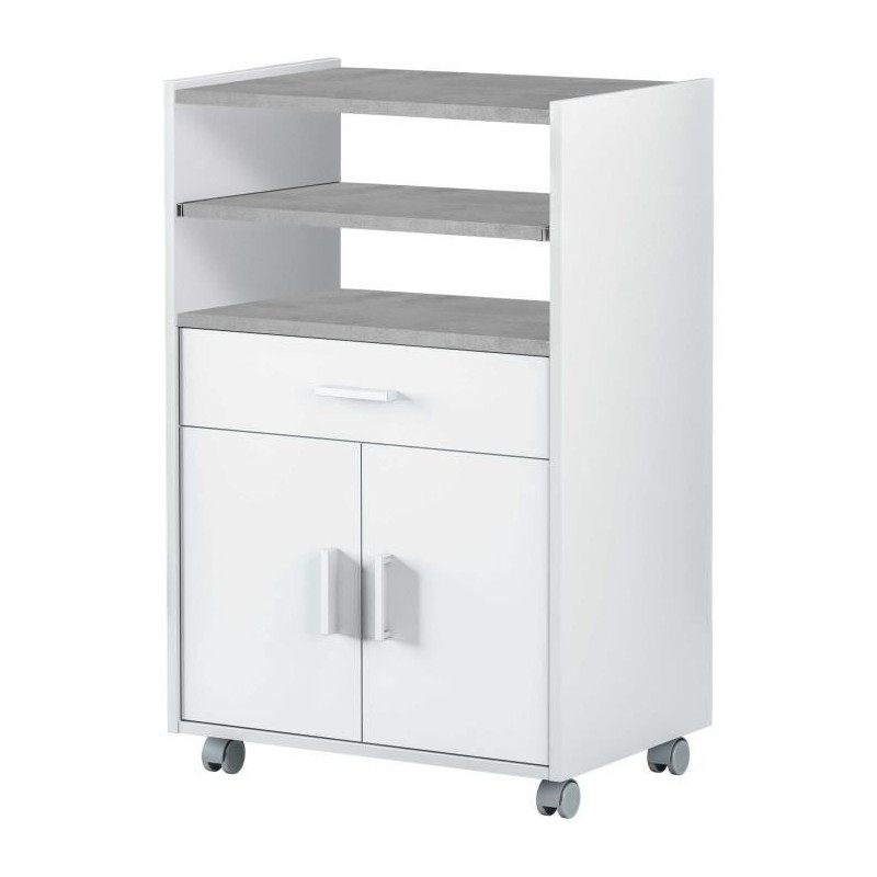 Meuble micro-ondes TIDY - Blanc artik béton - 2 Portes + 1 Tiroir - L92 x H59...