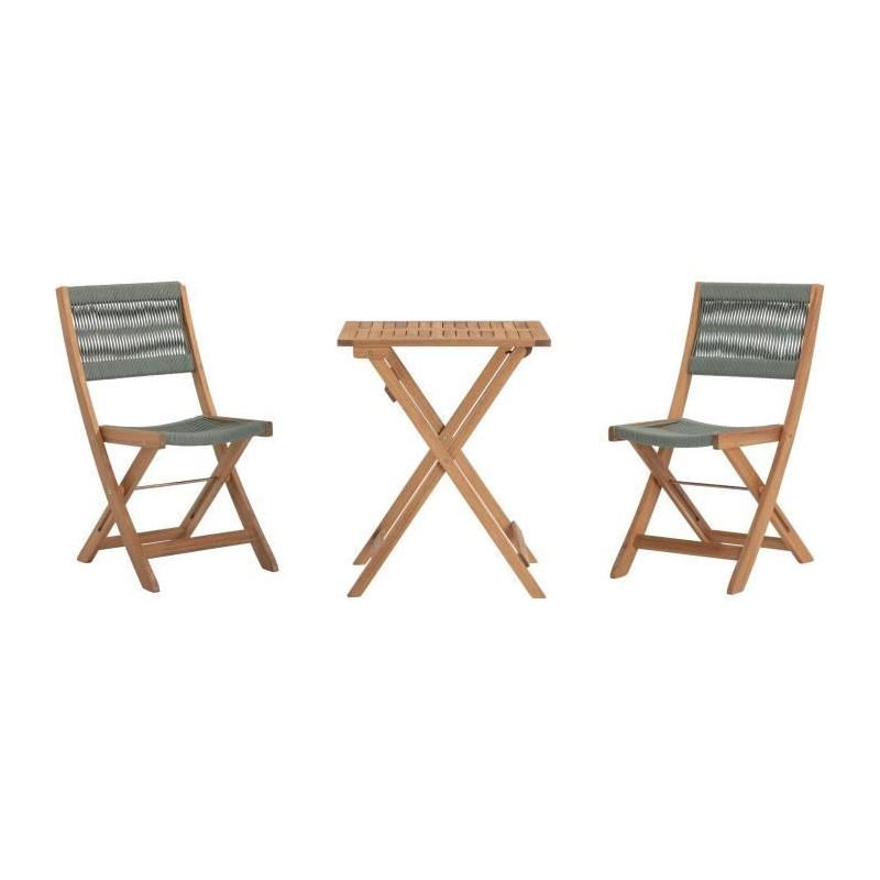 Set bistrot pliable en bois d'acacia FSC avec tressage en corde vert olive - ...